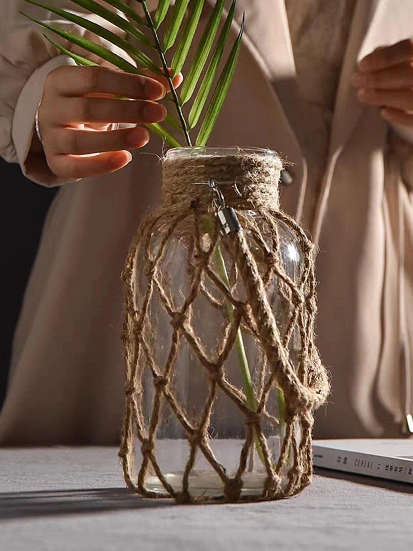Rustic Hanging Glass Vase with Hemp Rope Net for Dried Flowers - Elegant Home Decor for Living Room and Table Settings