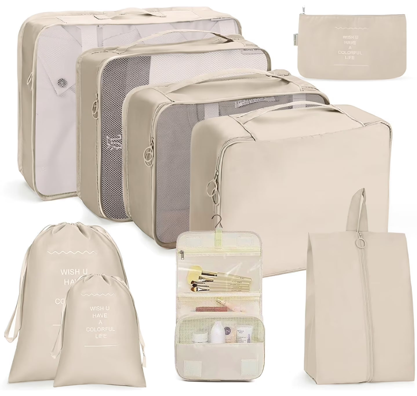 9-Piece Packing Cube Set with Large Toiletry Bag for Clothing and Footwear, Beige