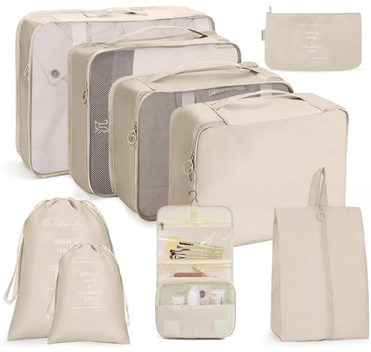 9-Piece Packing Cube Set with Large Toiletry Bag for Clothing and Footwear, Beige