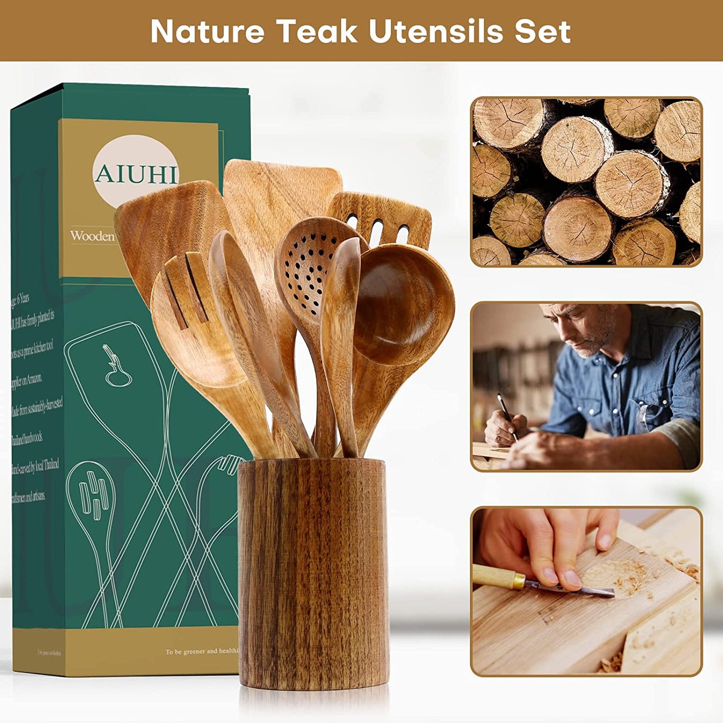 Teak Wood Cooking Utensil Set - 8 Piece Nonstick Kitchen Spoons, Scratch-Resistant Natural Wooden Utensils