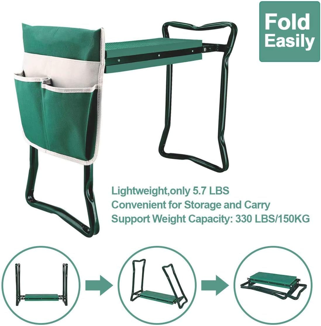 Heavy-Duty Garden Kneeler and Seat Stool with Removable Tool Pocket and Soft EVA Kneeling Pad for Gardening Enthusiasts