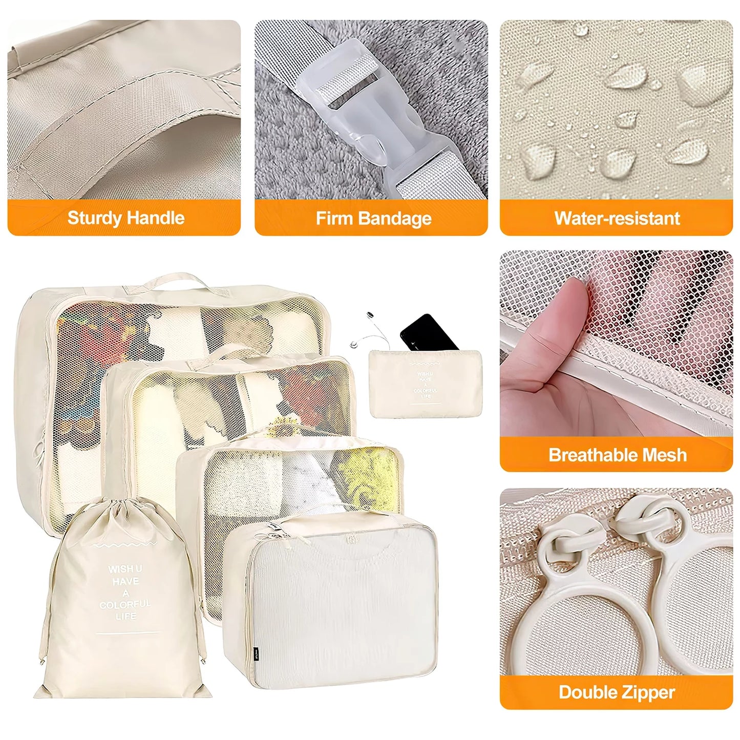 9-Piece Packing Cube Set with Large Toiletry Bag for Clothing and Footwear, Beige