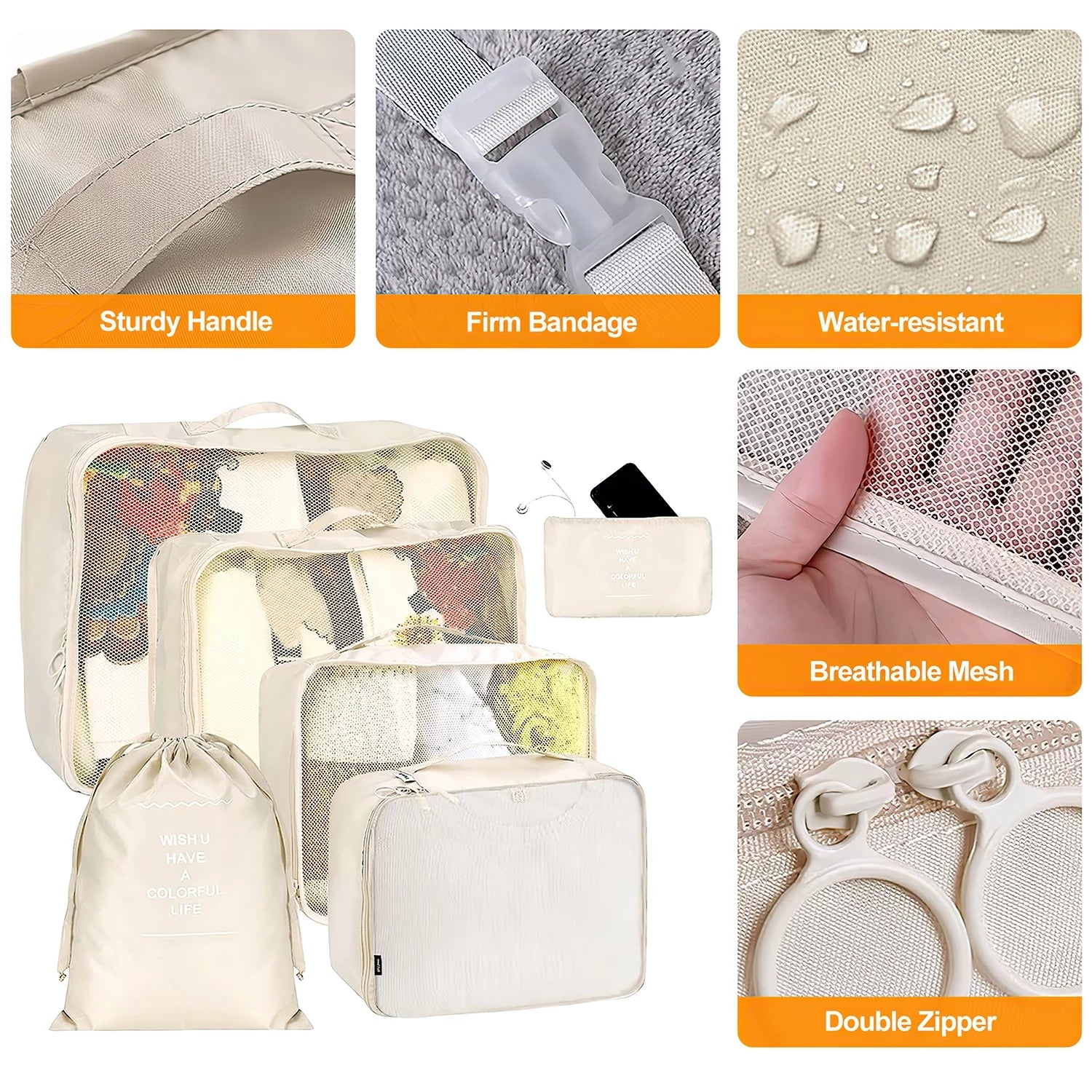 9-Piece Packing Cube Set with Large Toiletry Bag for Clothing and Footwear, Beige