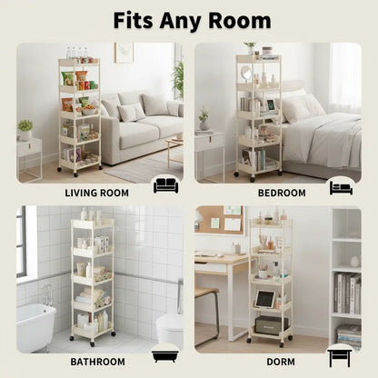 Multifunctional Multi-Layer Plastic Storage Cart with Wheels - Adjustable Layered Shelf Organizer for Bedroom, Bathroom, and Living Room - Includes Suction Cup Sponge Holder for Kitchen Sink - Easy Installation Kit 