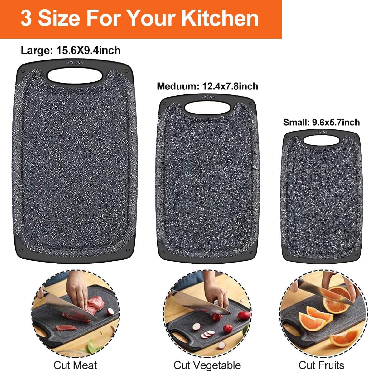 Kitchen Cutting Board Set (3 Pieces) | Professional Grade, Dishwasher Safe with Juice Grooves, Carrying Handle, and BPA-Free Design
