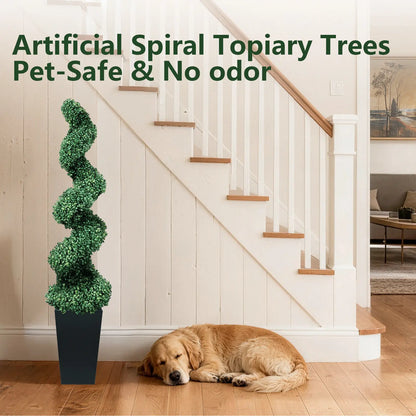 Set of 2 Artificial Boxwood Spiral Plants in Black Pots - 2/3/4 Ft Options | Ideal for Porch, Garage, and Fireplace Décor