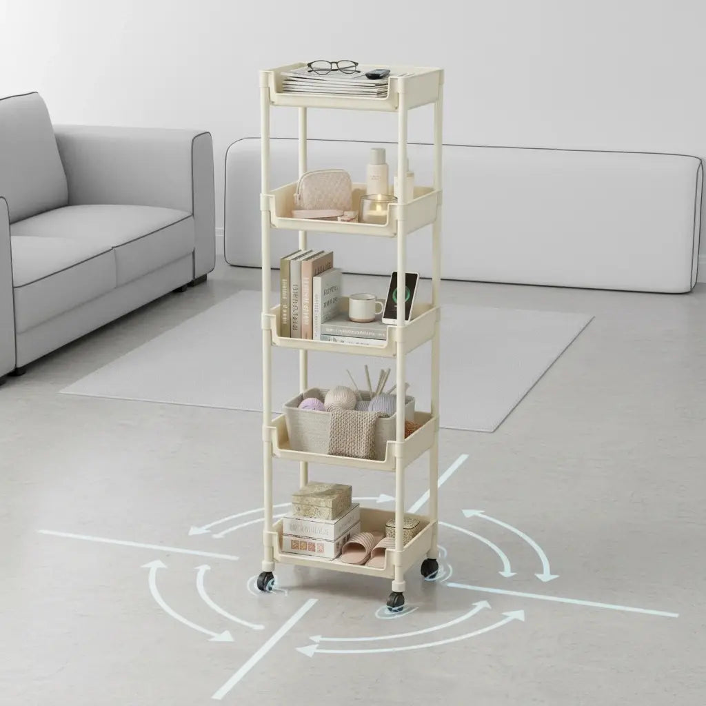 Multifunctional Multi-Layer Plastic Storage Cart with Wheels - Adjustable Layered Shelf Organizer for Bedroom, Bathroom, and Living Room - Includes Suction Cup Sponge Holder for Kitchen Sink - Easy Installation Kit 