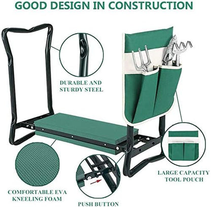 Heavy-Duty Garden Kneeler and Seat Stool with Removable Tool Pocket and Soft EVA Kneeling Pad for Gardening Enthusiasts