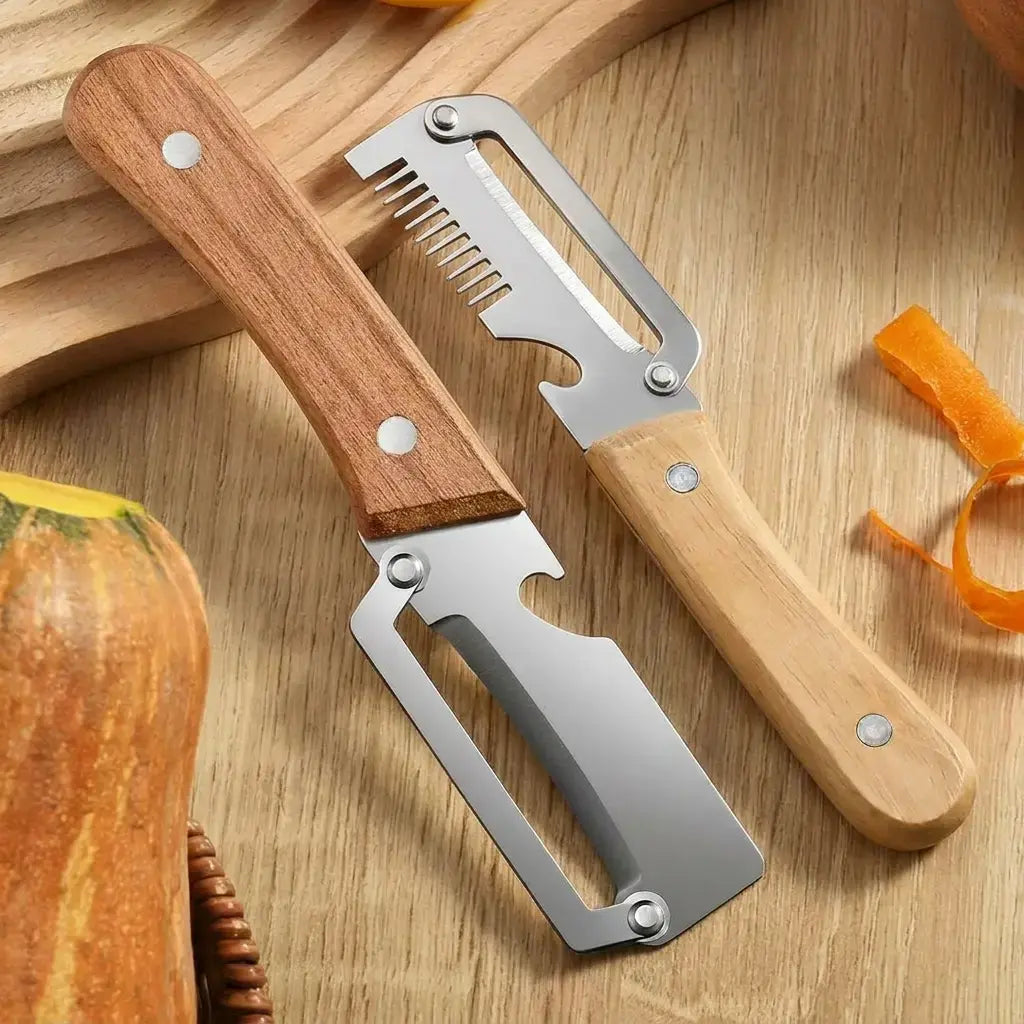 Multi-Functional Vegetable Peeler Set with Ultra-Sharp Stainless Steel Blade and Wooden Handle, Includes Bottle Opener, Ideal for Peeling Fruits and Vegetables (2 Pieces)