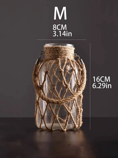 Rustic Hanging Glass Vase with Hemp Rope Net for Dried Flowers - Elegant Home Decor for Living Room and Table Settings