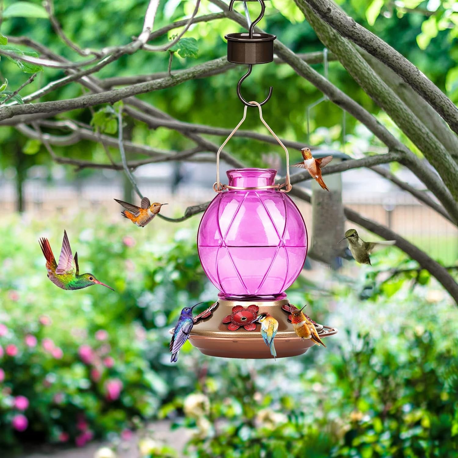 Glass Hummingbird Feeder with Netted Texture, 20 Ounce Capacity, Lavender Color, Ideal Outdoor Gift for Parents and Friends