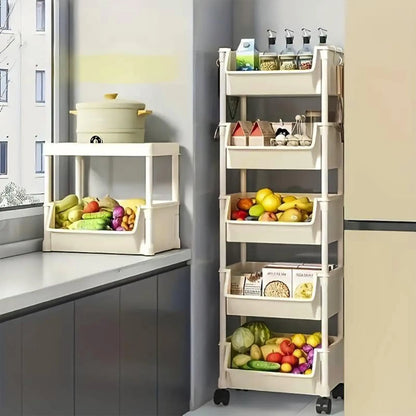 Multifunctional Multi-Layer Plastic Storage Cart with Wheels - Adjustable Layered Shelf Organizer for Bedroom, Bathroom, and Living Room - Includes Suction Cup Sponge Holder for Kitchen Sink - Easy Installation Kit 