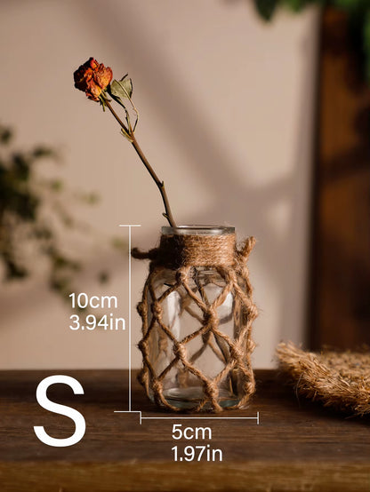 Rustic Hanging Glass Vase with Hemp Rope Net for Dried Flowers - Elegant Home Decor for Living Room and Table Settings