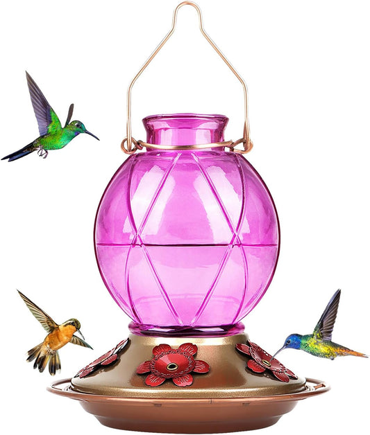 Glass Hummingbird Feeder with Netted Texture, 20 Ounce Capacity, Lavender Color, Ideal Outdoor Gift for Parents and Friends