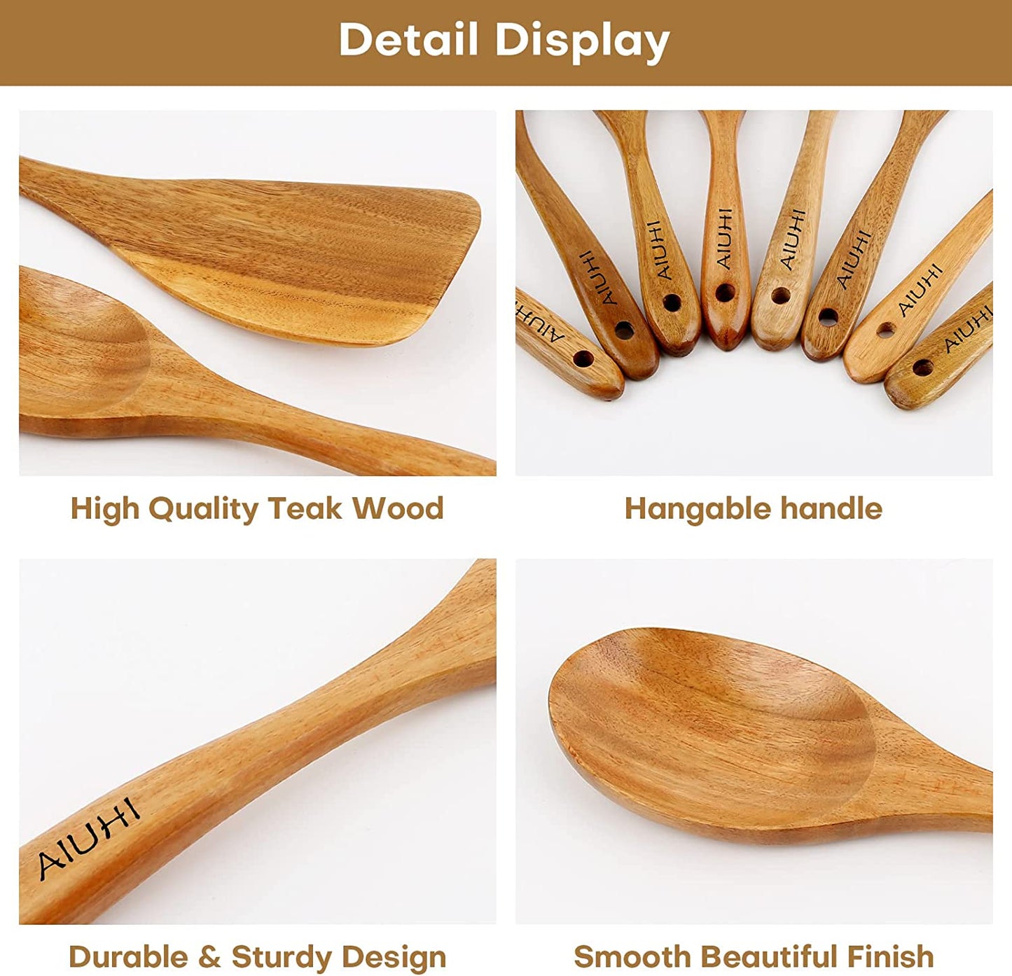 Teak Wood Cooking Utensil Set - 8 Piece Nonstick Kitchen Spoons, Scratch-Resistant Natural Wooden Utensils