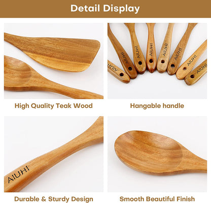 Teak Wood Cooking Utensil Set - 8 Piece Nonstick Kitchen Spoons, Scratch-Resistant Natural Wooden Utensils