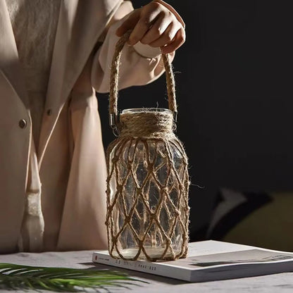 Rustic Hanging Glass Vase with Hemp Rope Net for Dried Flowers - Elegant Home Decor for Living Room and Table Settings