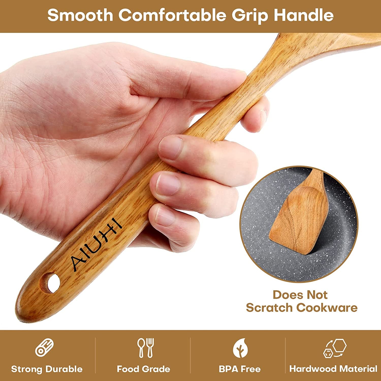 Teak Wood Cooking Utensil Set - 8 Piece Nonstick Kitchen Spoons, Scratch-Resistant Natural Wooden Utensils