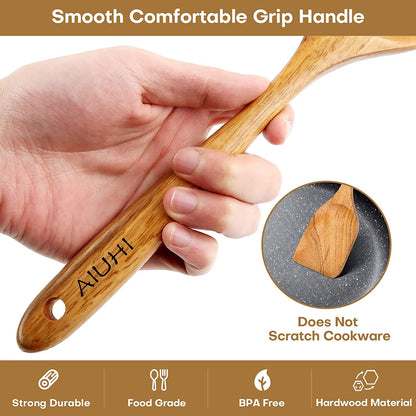 Teak Wood Cooking Utensil Set - 8 Piece Nonstick Kitchen Spoons, Scratch-Resistant Natural Wooden Utensils