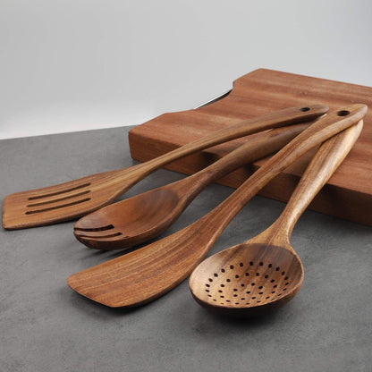 Wooden Cooking Utensils Set 4-Piece Wood Kitchen Utensil Set for Non-Stick Cookware (Wooden Spatula, Fork, Turner, Ladle, Strainer Spoons)