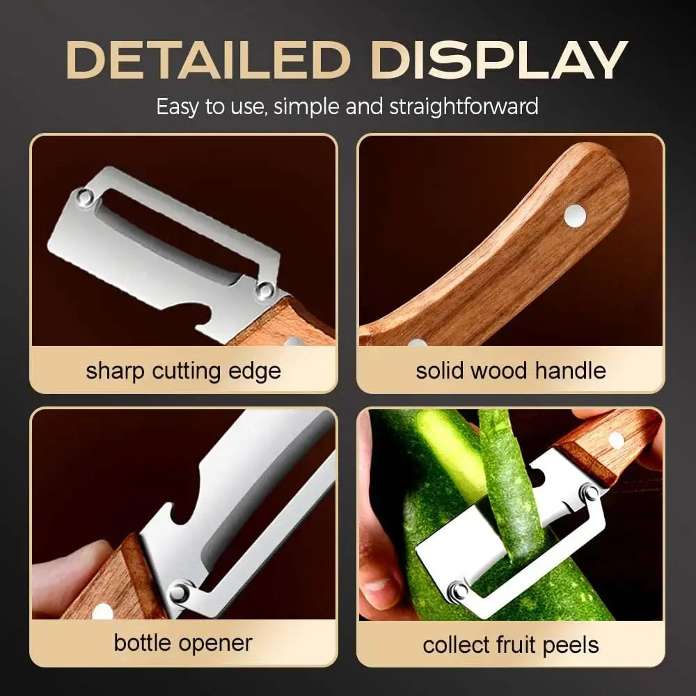 Multi-Functional Vegetable Peeler Set with Ultra-Sharp Stainless Steel Blade and Wooden Handle, Includes Bottle Opener, Ideal for Peeling Fruits and Vegetables (2 Pieces)