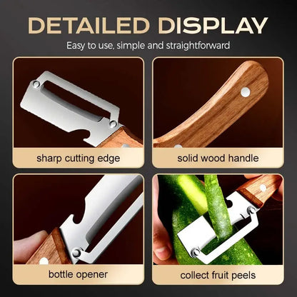 Multi-Functional Vegetable Peeler Set with Ultra-Sharp Stainless Steel Blade and Wooden Handle, Includes Bottle Opener, Ideal for Peeling Fruits and Vegetables (2 Pieces)