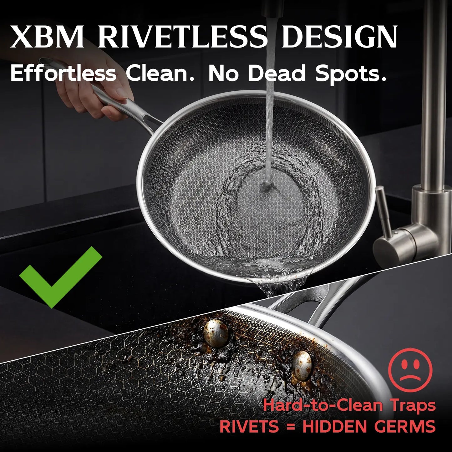 XBM Professional 3-Piece Hybrid Nonstick Cookware Set - Induction & Oven Safe, Rivetless Ceramic Honeycomb Skillets (8", 10", 12"), 100% PTFE/PFOA Free, Tri-Ply Stainless Steel - Ideal Mother's Day Gift