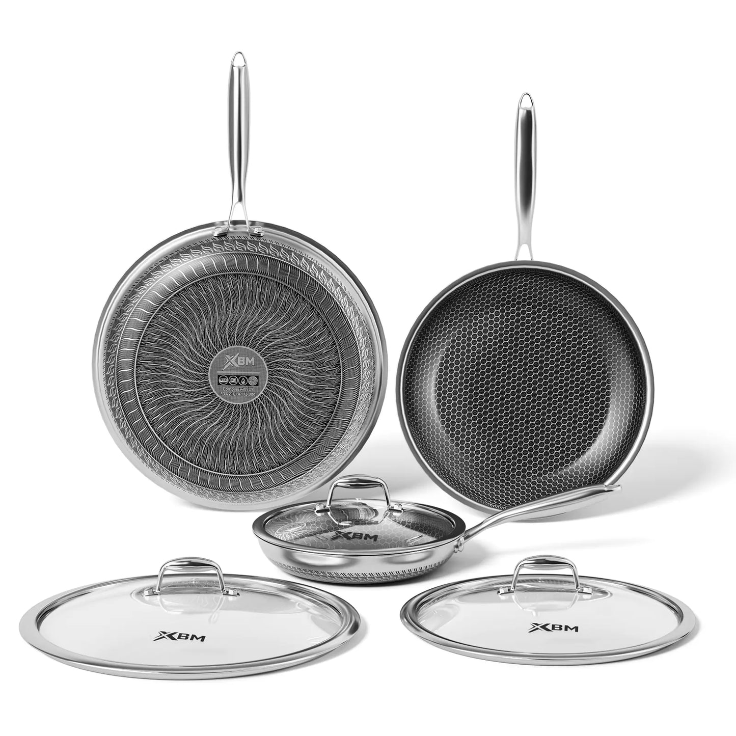 XBM Professional 3-Piece Hybrid Nonstick Cookware Set - Induction & Oven Safe, Rivetless Ceramic Honeycomb Skillets (8", 10", 12"), 100% PTFE/PFOA Free, Tri-Ply Stainless Steel - Ideal Mother's Day Gift