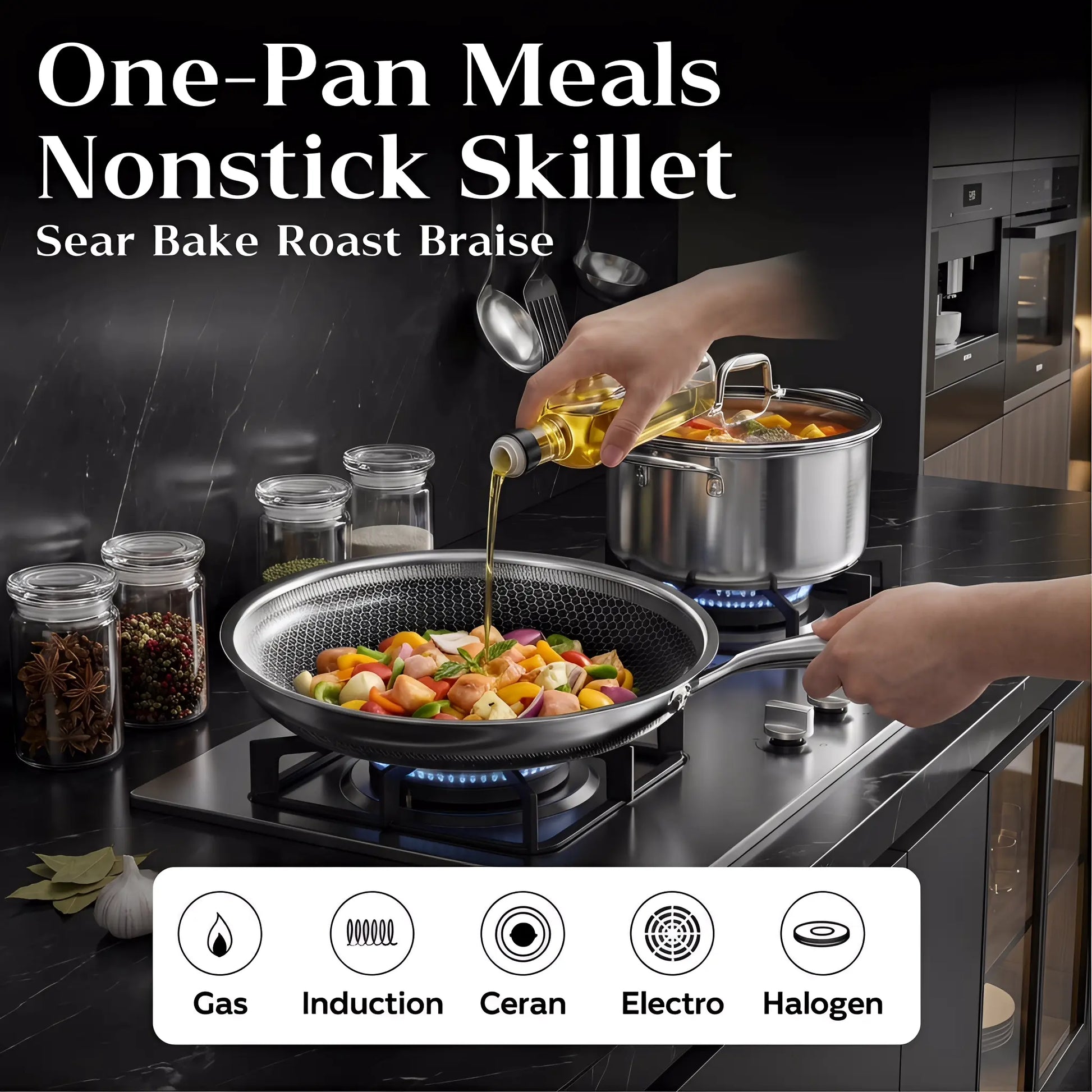 XBM Professional 3-Piece Hybrid Nonstick Cookware Set - Induction & Oven Safe, Rivetless Ceramic Honeycomb Skillets (8", 10", 12"), 100% PTFE/PFOA Free, Tri-Ply Stainless Steel - Ideal Mother's Day Gift
