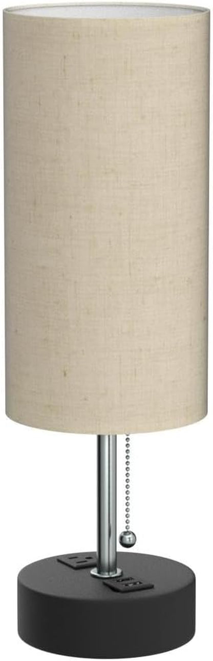 USB-Enabled Minimalist Bedside Table Lamp with Charging Ports, Fabric Linen Shade, Modern Design with Pull Chain (Round)