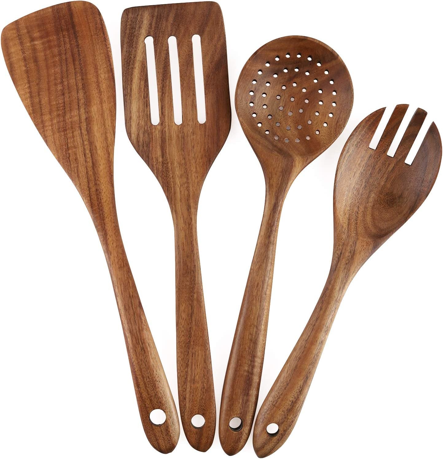 Wooden Cooking Utensils Set 4-Piece Wood Kitchen Utensil Set for Non-Stick Cookware (Wooden Spatula, Fork, Turner, Ladle, Strainer Spoons)