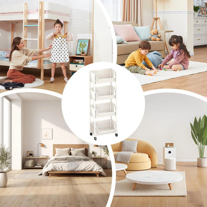 Multifunctional Multi-Layer Plastic Storage Cart with Wheels - Adjustable Layered Shelf Organizer for Bedroom, Bathroom, and Living Room - Includes Suction Cup Sponge Holder for Kitchen Sink - Easy Installation Kit 