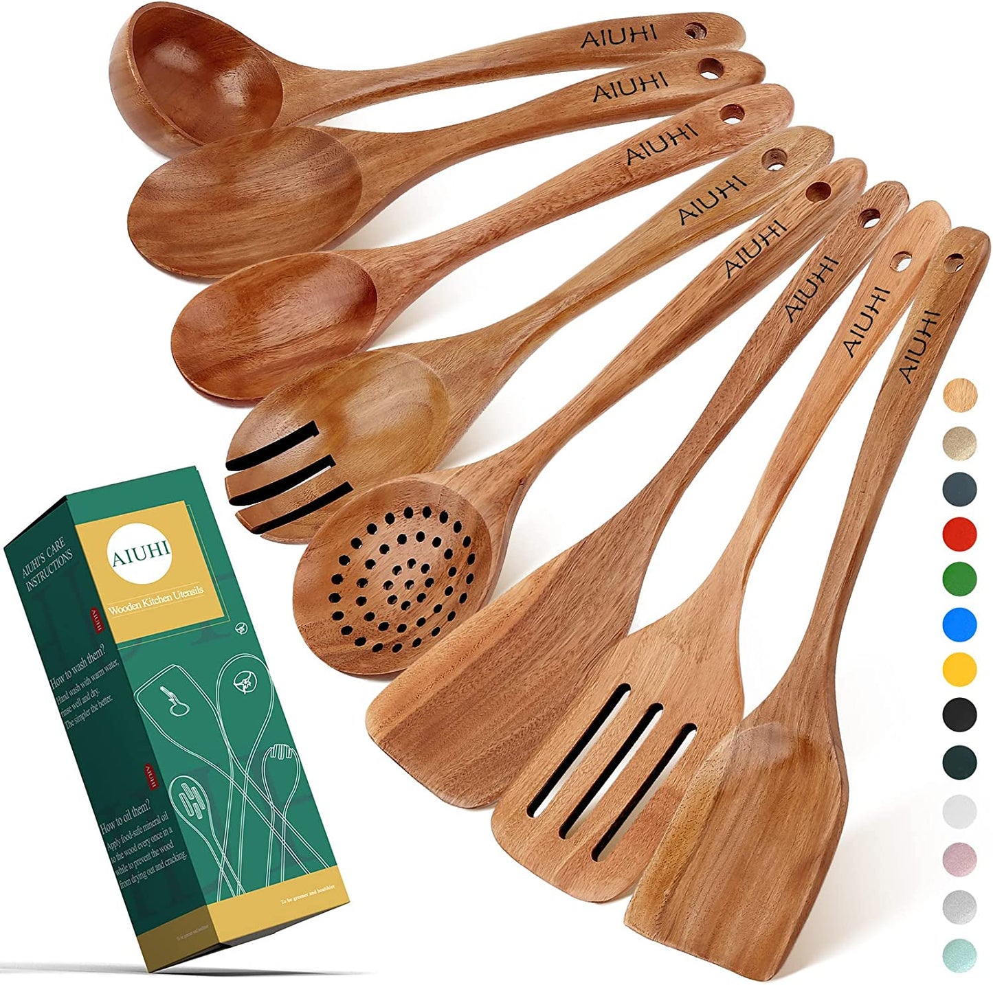 Teak Wood Cooking Utensil Set - 8 Piece Nonstick Kitchen Spoons, Scratch-Resistant Natural Wooden Utensils