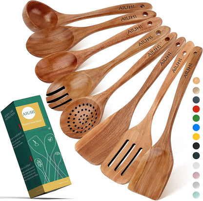 Teak Wood Cooking Utensil Set - 8 Piece Nonstick Kitchen Spoons, Scratch-Resistant Natural Wooden Utensils